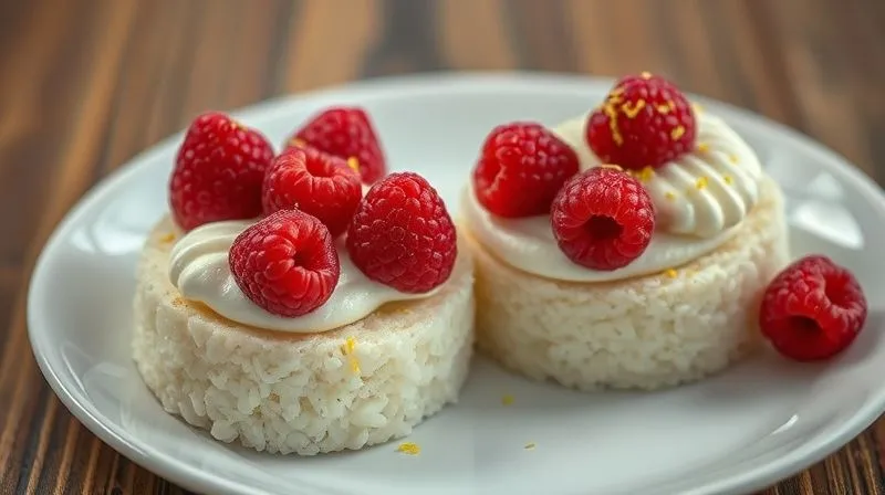 Photorealistic, professional photography, 8K, cinematic lighting, sharp focus, depth of field, shot on a high-end DSLR, an artistic close-up of two rice cakes generously topped with a creamy, light cheesecake-like mixture, garnished with fresh raspberries and a sprinkle of lemon zest. The dessert is elegantly arranged on a white ceramic plate, with soft, diffused lighting. No text or logos.