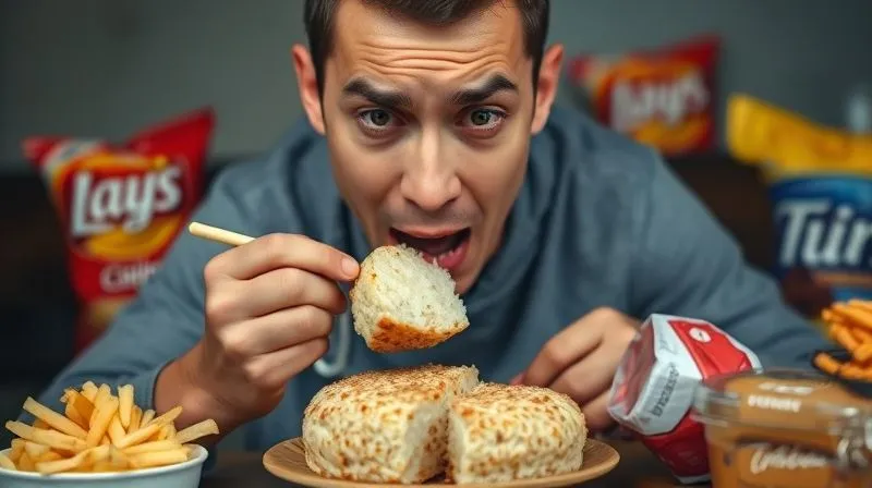 Photorealistic, professional photography, 8K, cinematic lighting, sharp focus, depth of field, shot on a high-end DSLR, a person quickly eating a rice cake with a confused expression, surrounded by unhealthy snacks like chips and chocolate, suggesting a lack of satiety and poor dietary choices. The background is slightly blurred, focusing on the person's hurried eating. No text or logos.