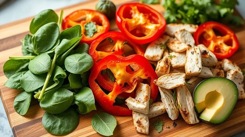 Photorealistic, professional photography, 8K, cinematic lighting, sharp focus, depth of field, shot on a high-end DSLR. A vibrant assortment of fresh, perfectly dry vegetables for a tortilla filling: crisp spinach leaves, thinly sliced red bell peppers, grilled chicken strips, and firm avocado slices, all artfully arranged on a wooden cutting board, emphasizing dryness and readiness for assembly. Soft, natural light illuminates the scene.