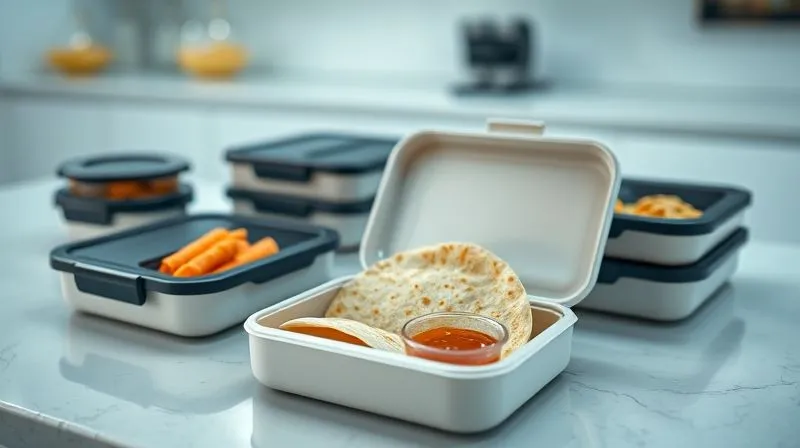 Photorealistic, professional photography, 8K, cinematic lighting, sharp focus, depth of field, shot on a high-end DSLR. A variety of modern, sleek lunchboxes with multiple compartments and airtight seals, showcasing options for organized meal prep. One lunchbox is open, with a perfectly packed tortilla in one dry compartment and a small separate container for sauce in another. The background is a clean, minimalist kitchen counter with subtle cool tones, emphasizing freshness and efficiency.