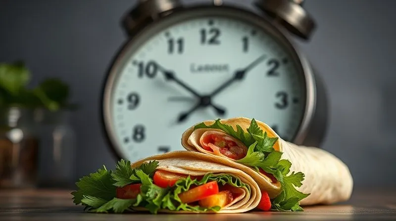 Photorealistic, professional photography, 8K, cinematic lighting, sharp focus, depth of field, shot on a high-end DSLR. A stylish analog clock with hands pointing towards noon, subtly blurred in the background, with a vibrant, freshly prepared fit tortilla wrap in sharp focus in the foreground, suggesting optimal freshness for lunchtime. The lighting is bright and clean, emphasizing the short window for peak enjoyment.