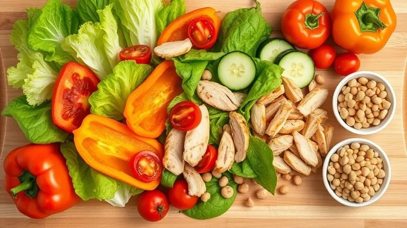 A photorealistic, professional photography shot of a vibrant assortment of fresh, clean salad ingredients laid out on a light wooden cutting board. Includes crisp romaine lettuce, colorful bell peppers (red, yellow, orange), cherry tomatoes, cucumber slices, grilled chicken breast strips, chickpeas, and a small bowl of toasted pumpkin seeds. Cinematic lighting highlights the textures and colors, with a sharp focus on the ingredients and a shallow depth of field. 8K hyper-detailed, shot on a high-end DSLR.