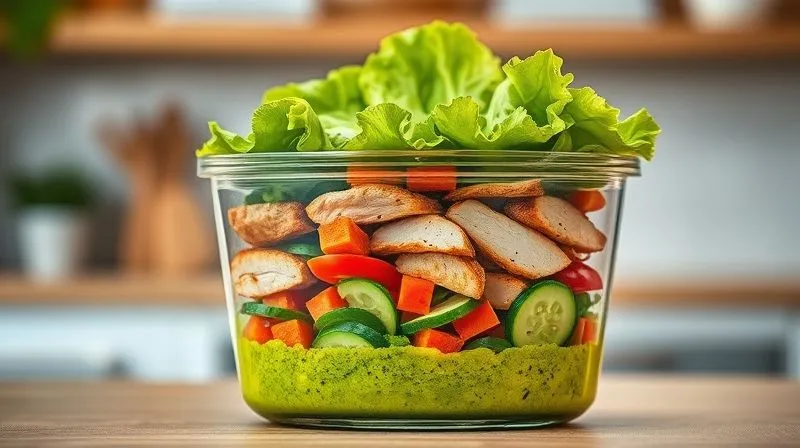 A photorealistic, professional photography shot of a transparent glass lunchbox, opened to reveal perfectly layered salad ingredients. The bottom layer shows a vibrant green dressing, followed by diced carrots and cucumbers, then grilled chicken strips, cherry tomatoes, and finally, crisp green lettuce leaves on top. The layers are distinct and visually appealing, with cinematic lighting emphasizing the freshness and structure. Sharp focus on the salad, depth of field blurring a clean kitchen background. 8K hyper-detailed, shot on a high-end DSLR.