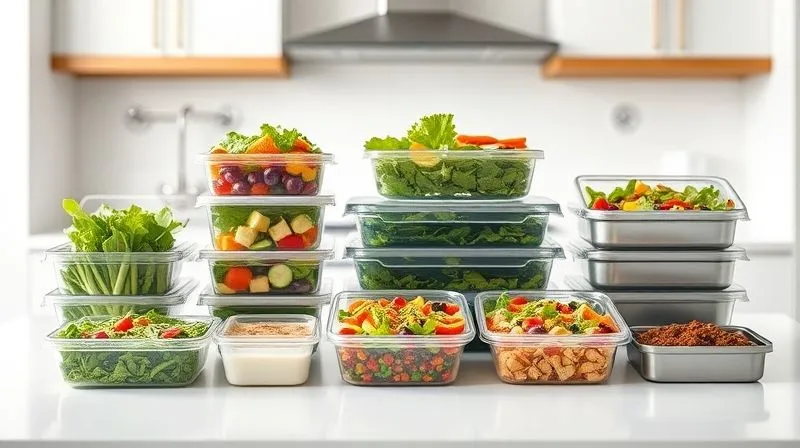 A photorealistic, professional photography shot displaying an array of modern, functional salad lunchboxes on a clean kitchen counter. Some are made of glass with compartments, others are BPA-free plastic with separate dressing containers, and a few are stainless steel bento-style boxes. The lighting is bright and clean, emphasizing the design and utility of each container. Sharp focus on the lunchboxes, depth of field blurring a minimalist kitchen background. 8K hyper-detailed, shot on a high-end DSLR.