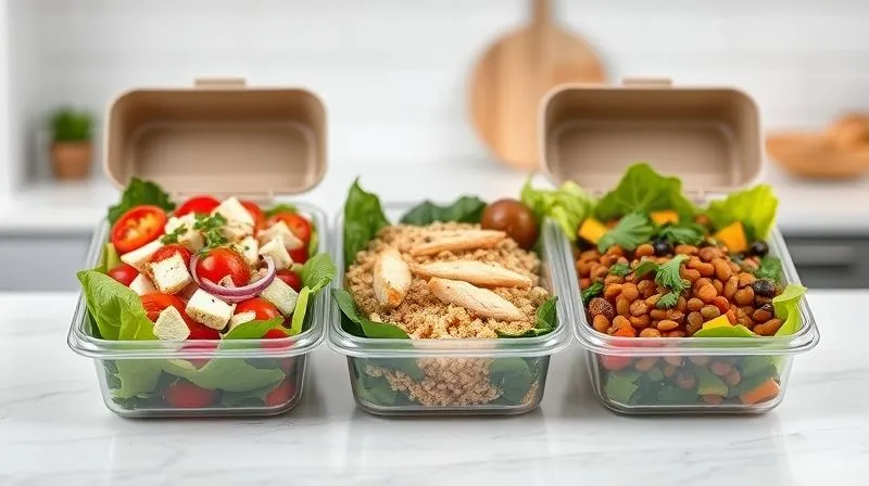 A photorealistic, professional photography shot of three different, healthy salad recipes beautifully arranged in separate modern lunchboxes. One features a vibrant Greek salad, another a protein-rich chicken and quinoa salad, and the third a colorful lentil and roasted vegetable salad. Each lunchbox is opened, showcasing fresh ingredients and proper layering. Cinematic lighting highlights the textures and colors of the food, creating an appetizing and inspiring scene. Sharp focus on the salads, depth of field blurring a clean, bright kitchen counter. 8K hyper-detailed, shot on a high-end DSLR.