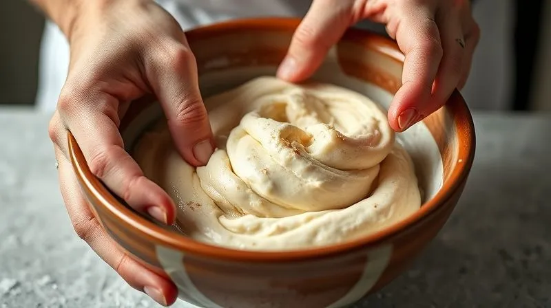 A close-up, photorealistic shot of a chef's hands gently folding dry and wet ingredients for pancake batter in a ceramic bowl, ensuring not to overmix. The batter has a slightly lumpy, airy texture. Cinematic lighting highlights the texture of the batter, sharp focus, depth of field, 8K hyper-detailed, professional photography, shot on a high-end DSLR.