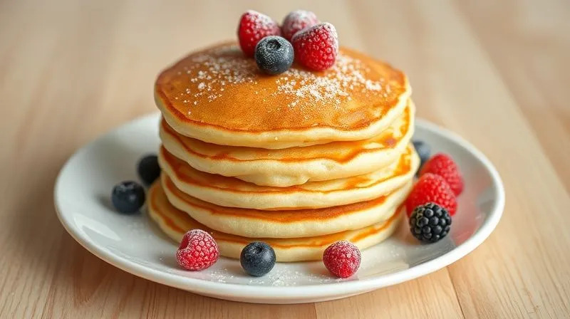 A stack of perfectly golden-brown, exceptionally fluffy vegan gluten-free pancakes with a visibly airy texture, garnished with fresh berries and a light dusting of powdered sugar. The pancakes are served on a pristine white ceramic plate on a light wooden surface. Photorealistic, professional photography, 8K, cinematic lighting, sharp focus, depth of field, shot on a high-end DSLR.