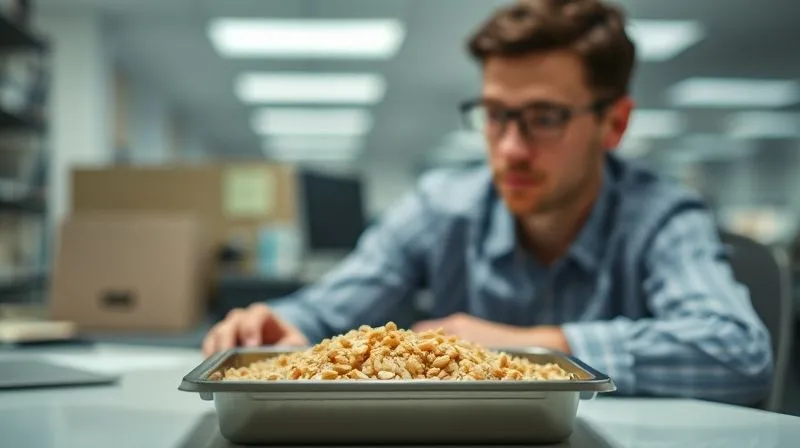 A person sitting at a desk, looking uninspired and bored at a plain, unappetizing lunchbox containing a single, bland-looking grain dish. The office environment is sterile, emphasizing the monotony. photorealistic, professional photography, 8K, cinematic lighting, sharp focus on the person's face and the lunchbox, depth of field blurring the background, shot on a high-end DSLR.