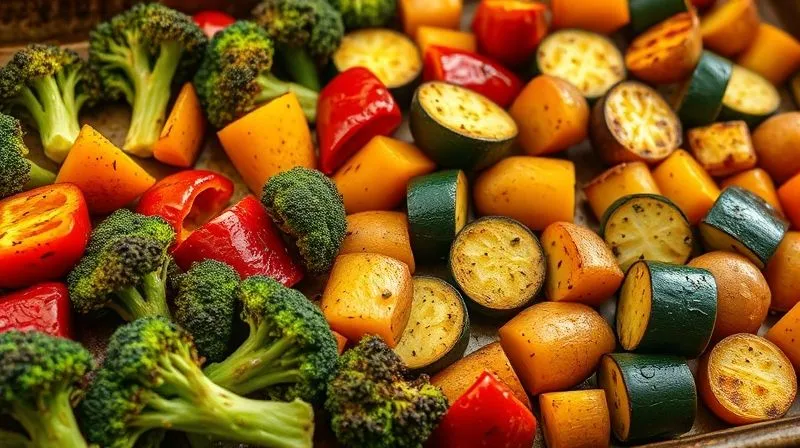 A vibrant, close-up shot of a variety of freshly roasted vegetables (broccoli, bell peppers, zucchini, sweet potatoes) seasoned with herbs, glistening with olive oil, spread out on a rustic baking sheet, ready to be incorporated into meals. cinematic lighting, sharp focus, depth of field, 8K, professional photography, shot on a high-end DSLR.