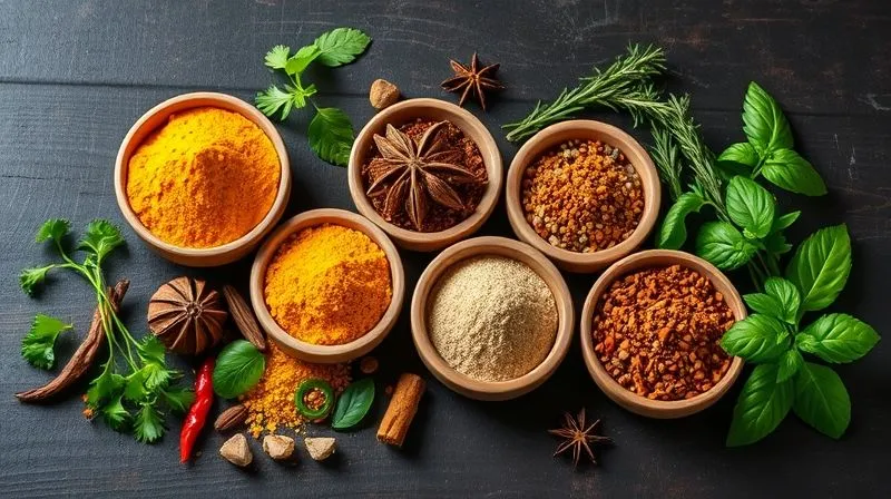 An aesthetically pleasing arrangement of various exotic spices (turmeric, cumin, paprika, star anise) in small bowls, alongside fresh herbs (cilantro, basil, rosemary) on a dark, rustic wooden surface. The lighting is warm and inviting, highlighting the rich colors and textures. photorealistic, professional photography, 8K, cinematic lighting, sharp focus, depth of field, shot on a high-end DSLR.