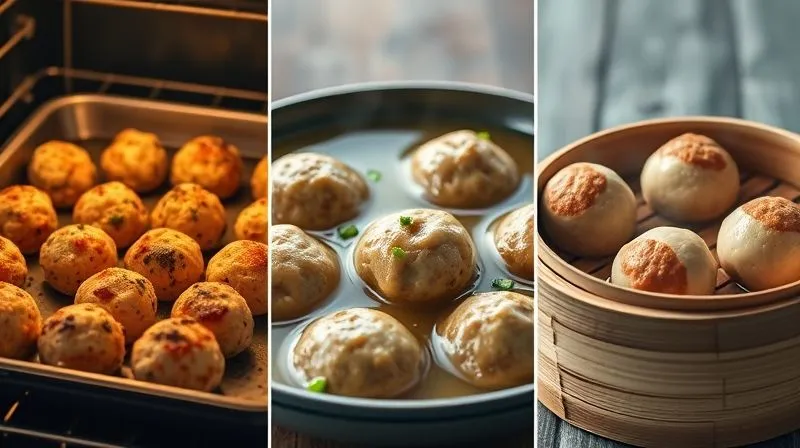 A professional, photorealistic image showing three different cooking methods for chicken meatballs side-by-side: one set gently baking in an oven tray, another simmering in a light sauce, and a third steaming in a bamboo steamer. Cinematic lighting, sharp focus on each method, 8K, shot on a high-end DSLR.