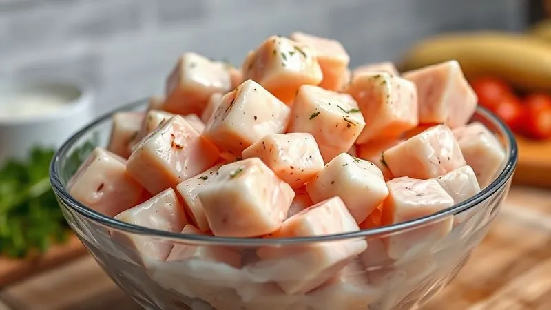 Photorealistic, professional photography, 8K, cinematic lighting, sharp focus, depth of field, shot on a high-end DSLR. Close-up of raw chicken breast cubes generously coated in a vibrant, creamy yogurt-based marinade with visible herbs and spices, resting in a glass bowl. The marinade clings perfectly to the chicken, suggesting deep flavor infusion. The background is softly blurred, hinting at a clean, modern kitchen environment.