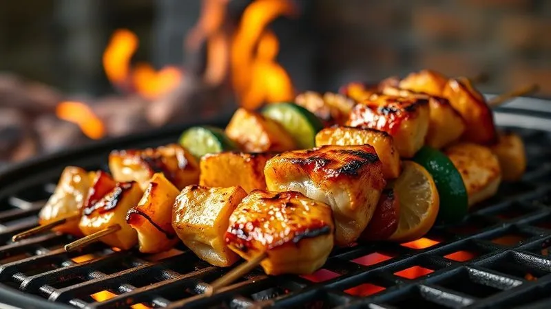 Photorealistic, professional photography, 8K, cinematic lighting, sharp focus, depth of field, shot on a high-end DSLR. Close-up of perfectly grilled chicken and vegetable skewers on a hot grill grate, with beautiful char marks and glistening surfaces. Steam rises gently from the skewers, hinting at their juiciness. The background shows blurred flames and a rustic outdoor setting, conveying a sense of delicious, healthy cooking.