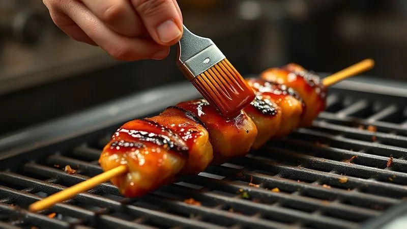 Photorealistic, professional photography, 8K, cinematic lighting, sharp focus, depth of field, shot on a high-end DSLR. A chef's hand delicately brushing a glistening, low-calorie glaze onto a perfectly cooked chicken skewer, still on a grill grate. The glaze is amber-colored and reflects the warm light. The chef's hand is precise and skilled, with a blurred background suggesting a professional kitchen or outdoor grilling setup. The image evokes a sense of culinary artistry and deliciousness.