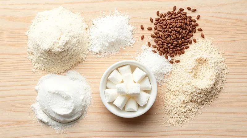A photorealistic, top-down shot of various natural thickeners arranged artfully on a light wooden surface: agar-agar powder, pectin powder, chia seeds, psyllium husk, and a small bowl of gelatin granules. Each ingredient is clearly visible and distinct, with soft, natural light illuminating them. Sharp focus, depth of field, 8K, professional photography, shot on a high-end DSLR.