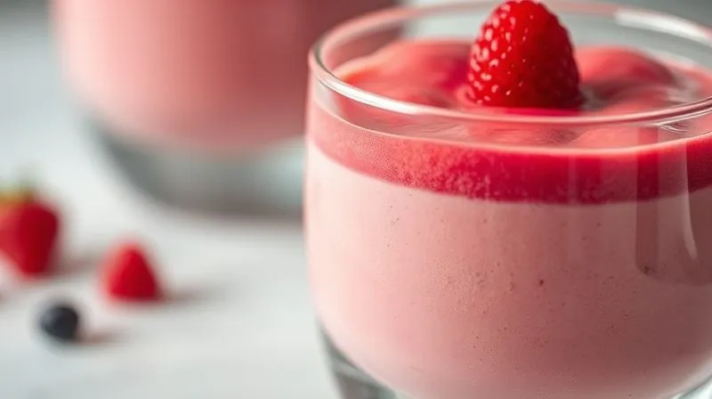 A photorealistic close-up of a perfectly smooth, vibrant fruit mousse, showing its stable and airy texture in a cross-section, served in a modern, minimalistic glass. The surface is pristine, indicating perfect setting without any separation or granularity. The lighting is soft and diffused, emphasizing the delicate, uniform structure of the mousse. Sharp focus, depth of field, 8K, professional photography, shot on a high-end DSLR.