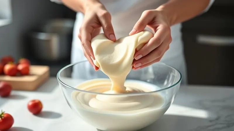 A professional, photorealistic image of a chef's hands gently folding a light, airy fruit puree into a bowl of perfectly whipped aquafaba, creating a smooth, homogenous mixture. The kitchen is clean and well-lit, with natural light streaming in. The focus is on the delicate mixing process, highlighting the creation of a stable, consistent mousse. Sharp focus, depth of field, 8K, professional photography, shot on a high-end DSLR.