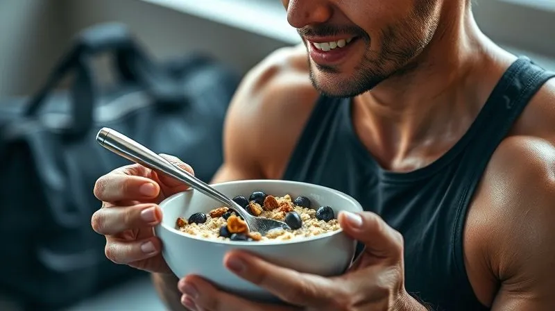 A photorealistic, professional photography, 8K, cinematic lighting, sharp focus, depth of field, shot on a high-end DSLR image of a fitness enthusiast enjoying a bowl of protein oatmeal after a morning workout, with sweat glistening on their skin, a gym bag in the soft-focus background, conveying energy and satisfaction.
