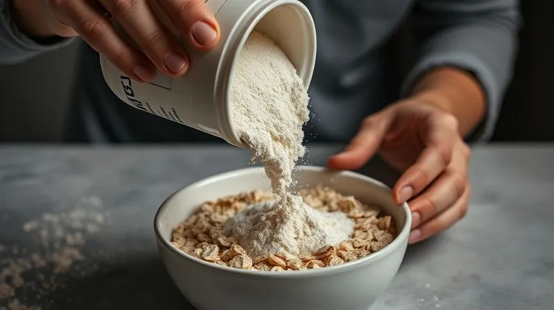 A photorealistic, professional photography, 8K, cinematic lighting, sharp focus, depth of field, shot on a high-end DSLR image of a person pouring a large amount of protein powder into a small bowl of oatmeal, with a subtle visual cue of inefficiency or waste, perhaps some powder spilling, conveying the idea of 'too much at once'.