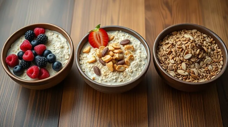 A photorealistic, professional photography, 8K, cinematic lighting, sharp focus, depth of field, shot on a high-end DSLR image of three distinct bowls of protein oatmeal, each beautifully garnished, representing the three recipes: one with berries and whey, one with peanut butter and casein, and one with mixed seeds and plant-based protein, all arranged aesthetically on a wooden table.