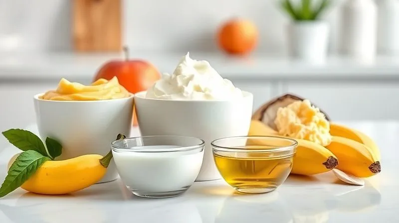 A vibrant photorealistic image of a selection of natural moistening ingredients: Greek yogurt, apple puree, mashed banana, and a small bowl of coconut oil, beautifully arranged on a clean kitchen counter with soft, natural light, sharp focus on the ingredients, depth of field, 8K, professional photography.
