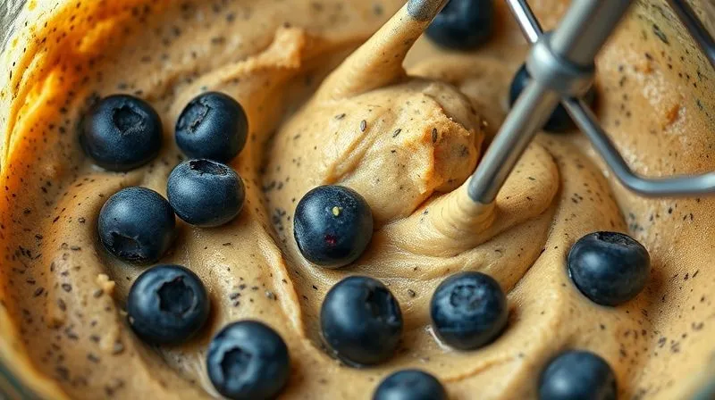 A photorealistic close-up of a protein muffin batter being mixed, with visible flecks of chia seeds, grated zucchini, and blueberries. The batter looks thick and rich, shot with cinematic lighting, sharp focus, depth of field, 8K, professional photography.