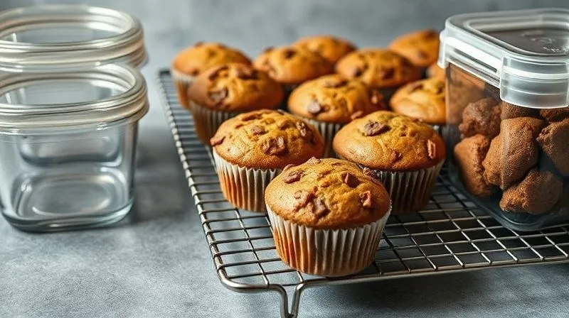 A photorealistic image of a batch of freshly baked protein muffins cooling on a wire rack, next to airtight glass containers ready for storage. The scene is well-lit, professional photography, sharp focus on the muffins and containers, depth of field, 8K.
