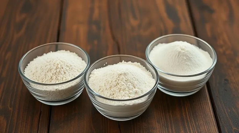 A professional photography image of three different types of gluten-free flour in separate, elegant glass bowls on a rustic wooden table: fine white rice flour, light brown sorghum flour, and a translucent tapioca starch. Each bowl is perfectly lit with cinematic lighting, sharp focus on the textures of the flours, depth of field blurring the background, 8K hyper-detailed, shot on a high-end DSLR.