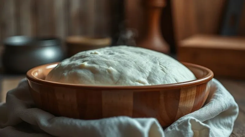 A photorealistic close-up of a bowl of gluten-free pizza dough rising in a warm, cozy kitchen setting. The dough is covered with a clean linen cloth, with a subtle steam effect suggesting warmth. Cinematic lighting highlights the gentle rise, sharp focus on the dough texture, depth of field blurring the background, 8K hyper-detailed, shot on a high-end DSLR.