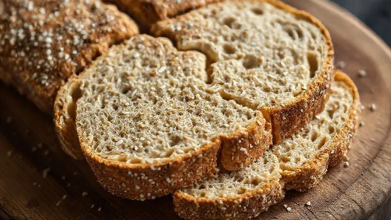 A close-up, photorealistic image of a dry, crumbly slice of keto flaxseed bread, breaking apart easily on a rustic wooden board. The texture is rough and uneven, with visible cracks. Soft, natural light highlights the dryness, depth of field, 8K, professional photography, shot on a high-end DSLR.