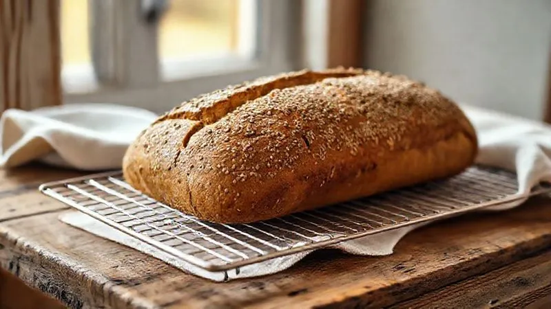 A photorealistic image of a freshly baked keto flaxseed bread loaf cooling on a wire rack on a rustic wooden table, partially covered with a clean linen cloth. Soft, natural light from a window illuminates the scene, creating a warm, inviting atmosphere. Sharp focus on the bread, depth of field, 8K, professional photography, shot on a high-end DSLR.