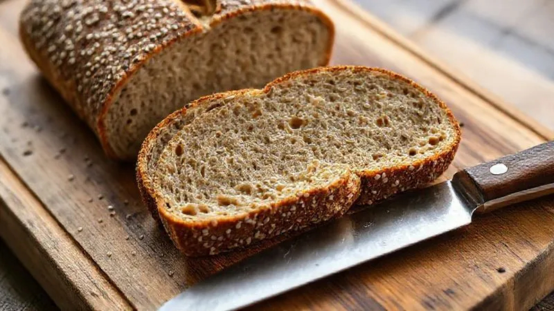 A close-up, photorealistic image of a perfectly sliced, moist keto flaxseed bread on a rustic wooden cutting board, with a knife resting beside it. The texture is soft and inviting, with visible seeds. Warm, natural light, sharp focus on the bread, depth of field, 8K, professional photography, shot on a high-end DSLR.