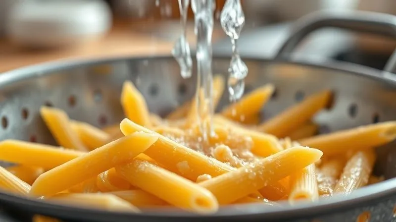 Photorealistic close-up of perfectly cooked al dente penne pasta being rinsed under cold water in a colander, steam gently rising, sharp focus on the pasta texture, cinematic lighting, depth of field blurring the kitchen background, 8K hyper-detailed, shot on a high-end DSLR.