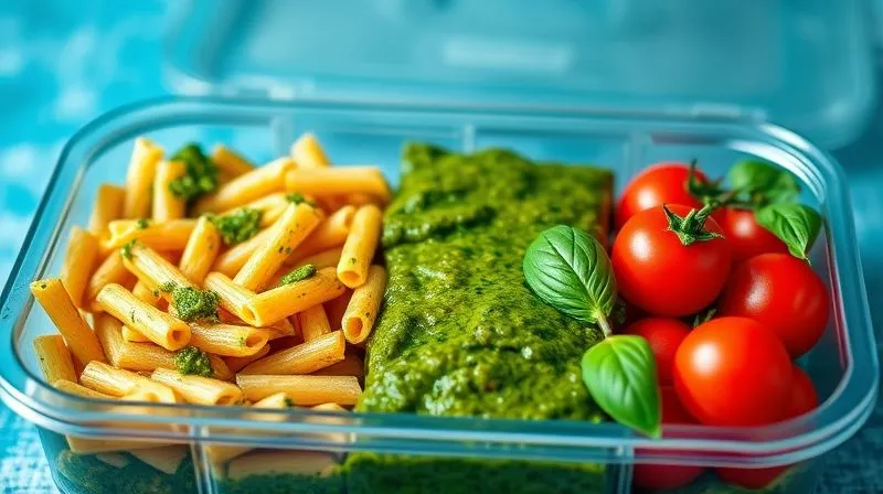 Photorealistic vibrant close-up of a healthy lunchbox divided into compartments, one with al dente whole-grain pasta, another with a rich green pesto sauce, and a third with colorful fresh cherry tomatoes and basil leaves. Cinematic lighting, sharp focus, depth of field. 8K hyper-detailed, shot on a high-end DSLR.