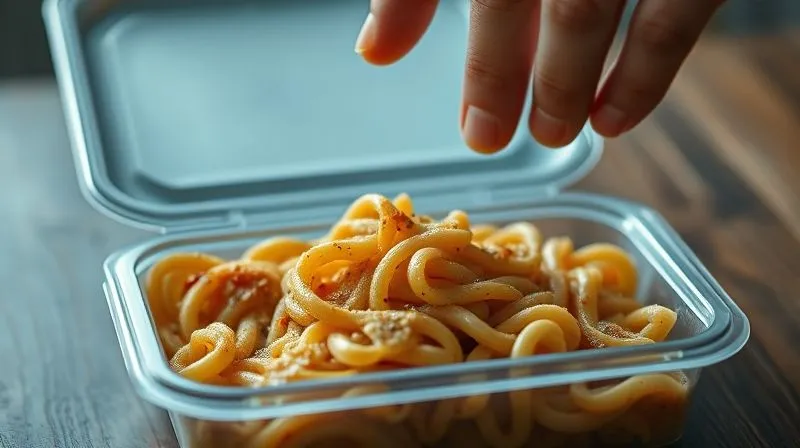 Photorealistic image of a lunchbox with soggy, clumped pasta, looking unappetizing. A hand is hesitantly hovering over it. Dramatic, cool lighting, sharp focus on the pasta, blurred background. 8K hyper-detailed, shot on a high-end DSLR, conveying disappointment.