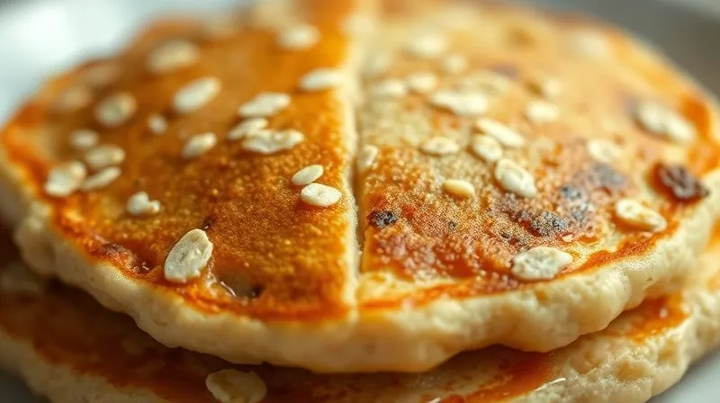 Photorealistic close-up of a single oatmeal pancake, half of it looking perfectly crisp and golden, the other half visibly soggy and deflated, illustrating the contrast of texture. Cinematic lighting, sharp focus on the texture.