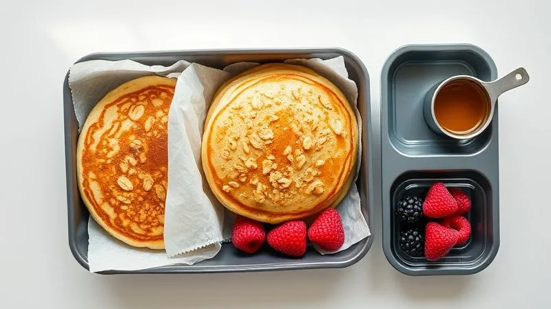 A professional flat lay photograph of a disassembled lunchbox, showing perfectly cooked oatmeal pancakes separated by parchment paper, next to small, airtight containers holding fresh berries and a small pot of maple syrup. Clean, minimalist background, natural light.