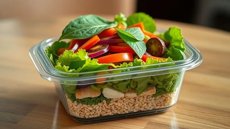 A vibrant, fresh salad with distinct layers of ingredients visible through a clear, compartmentalized lunchbox, sitting on a wooden table. The top layer features crisp green leaves, the middle contains colorful vegetables and protein, and the bottom has grains. Photorealistic, professional photography, 8K, cinematic lighting, sharp focus, depth of field, shot on a high-end DSLR.