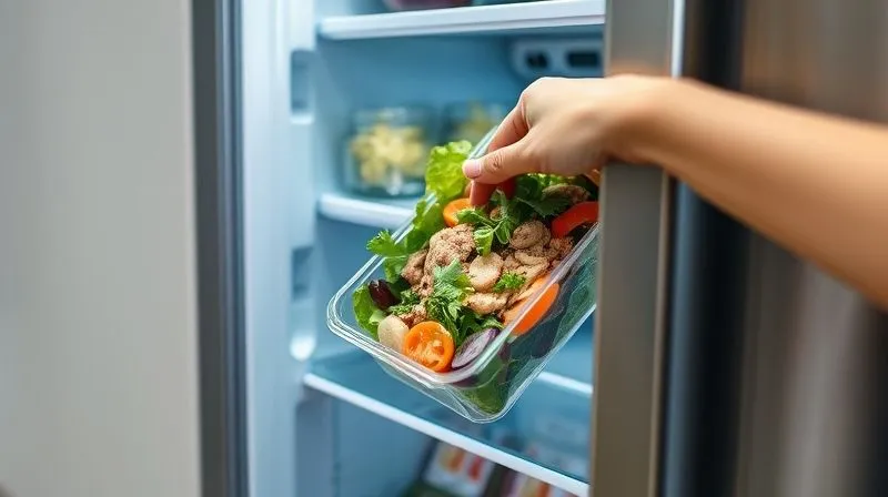 A hand reaching into a modern, sleek office refrigerator, pulling out a perfectly preserved, fresh protein salad in a compartmentalized lunchbox. The scene is bright and professional, emphasizing freshness and convenience. Photorealistic, professional photography, 8K, cinematic lighting, sharp focus, depth of field, shot on a high-end DSLR.
