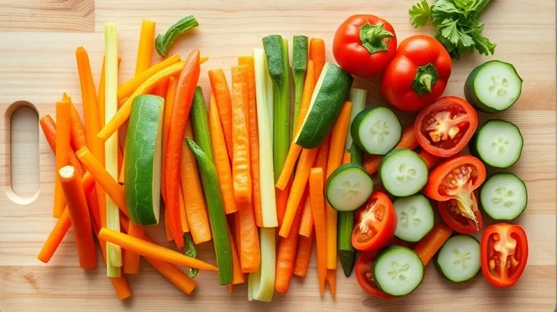 Photorealistic, professional photography, 8K, cinematic lighting, sharp focus, depth of field, shot on a high-end DSLR. A vibrant, artfully arranged flat lay of various raw vegetables on a light wooden cutting board. On one side, crisp, colorful bell pepper strips, carrot sticks, and celery stalks are neatly grouped, looking perfectly fresh and firm. On the other side, a few slightly wilted cucumber slices and soft tomato wedges are subtly visible in the background, illustrating the contrast between ideal and less ideal choices for a lunchbox. The scene is bathed in bright, natural light, emphasizing texture and color.