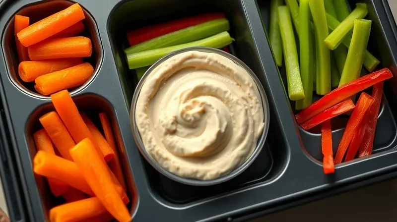 Photorealistic, professional photography, 8K, cinematic lighting, sharp focus, depth of field, shot on a high-end DSLR. A meticulously organized lunchbox with multiple compartments. One compartment holds a small, tightly sealed container of creamy low-calorie hummus. Adjacent compartments are filled with a variety of crisp, colorful vegetables like bright orange carrot sticks, vivid green celery, and red bell pepper strips, all looking perfectly dry and firm. A silicone divider separates the hummus from the vegetables, clearly demonstrating strategic separation. The lighting is bright and clean, emphasizing the freshness and orderliness of the meal prep.