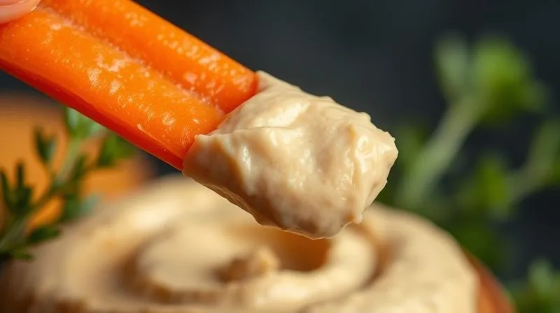 Photorealistic, professional photography, 8K, cinematic lighting, sharp focus, depth of field, shot on a high-end DSLR. A close-up, macro shot of a single, perfectly crisp carrot stick, glistening slightly with natural oils, being dipped into a dollop of creamy, thick low-calorie hummus. The background is softly blurred, highlighting the sharp focus on the textures of the carrot and hummus. The scene conveys freshness, perfect texture, and deliciousness, emphasizing the success of proper preparation.