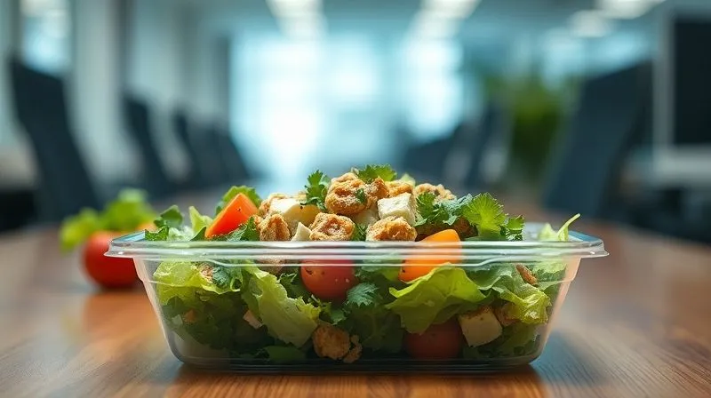 Photorealistic, professional photography, 8K, cinematic lighting, sharp focus on a sad, wilted, and soggy salad in a clear plastic lunchbox, contrasting sharply with a small, vibrant fresh salad in the background, depth of field blurring the office environment. Shot on a high-end DSLR, conveying a feeling of disappointment.