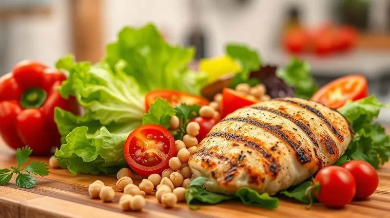 Photorealistic, professional photography, 8K, cinematic lighting, sharp focus on a collection of vibrant, crisp salad ingredients: colorful bell peppers, sturdy romaine lettuce, firm cherry tomatoes, chickpeas, and grilled chicken breast, all neatly arranged on a wooden cutting board. Depth of field blurring a modern kitchen background, emphasizing freshness and preparation. Shot on a high-end DSLR.