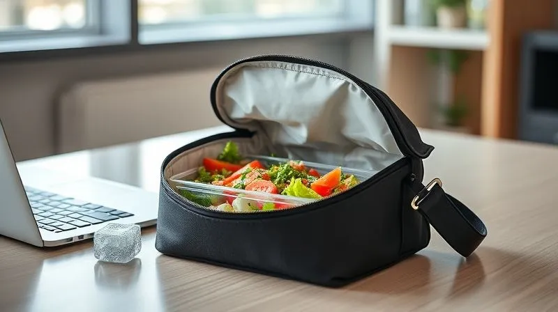 Photorealistic, professional photography, 8K, cinematic lighting, sharp focus on a stylish, insulated lunch bag with a perfectly packed salad lunchbox inside, placed on a modern office desk next to a laptop. A small ice pack is subtly visible. Depth of field blurring the background, conveying efficiency and health-conscious work life. Shot on a high-end DSLR.