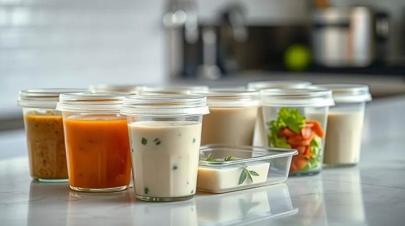 Photorealistic, professional photography, 8K, cinematic lighting, sharp focus on a neatly arranged set of small, airtight containers with various salad dressings (vinaigrette, yogurt-based) and a small, fresh salad in a separate compartment. Depth of field blurring a clean kitchen counter. Shot on a high-end DSLR, emphasizing organization and freshness.