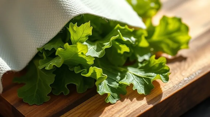 Photorealistic close-up of fresh, crisp salad leaves being gently patted dry with a paper towel on a clean wooden cutting board, soft natural light, depth of field, professional photography, 8K, cinematic lighting, sharp focus, shot on a high-end DSLR.