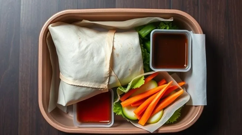 Photorealistic top-down view of a neatly packed bento lunchbox, showing a perfectly wrapped low-calorie wrap secured with parchment paper, alongside small separate containers for sauce and fresh vegetables. Crisp, clean aesthetic, professional photography, 8K, cinematic lighting, sharp focus, depth of field, shot on a high-end DSLR.