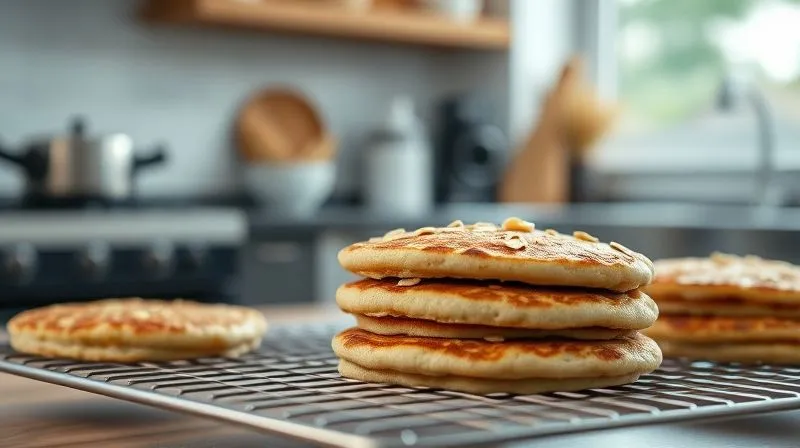 Photorealistic image of golden-brown oat pancakes cooling on a wire rack, steam gently rising, with a soft focus background of a modern kitchen. Professional photography, 8K, cinematic lighting, sharp focus, depth of field, shot on a high-end DSLR.