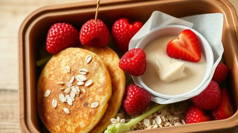 Photorealistic close-up of a perfectly packed bento-style lunchbox, showing oat pancakes separated from fresh berries and a small dip container with parchment paper. Professional photography, 8K, cinematic lighting, sharp focus, depth of field, shot on a high-end DSLR.